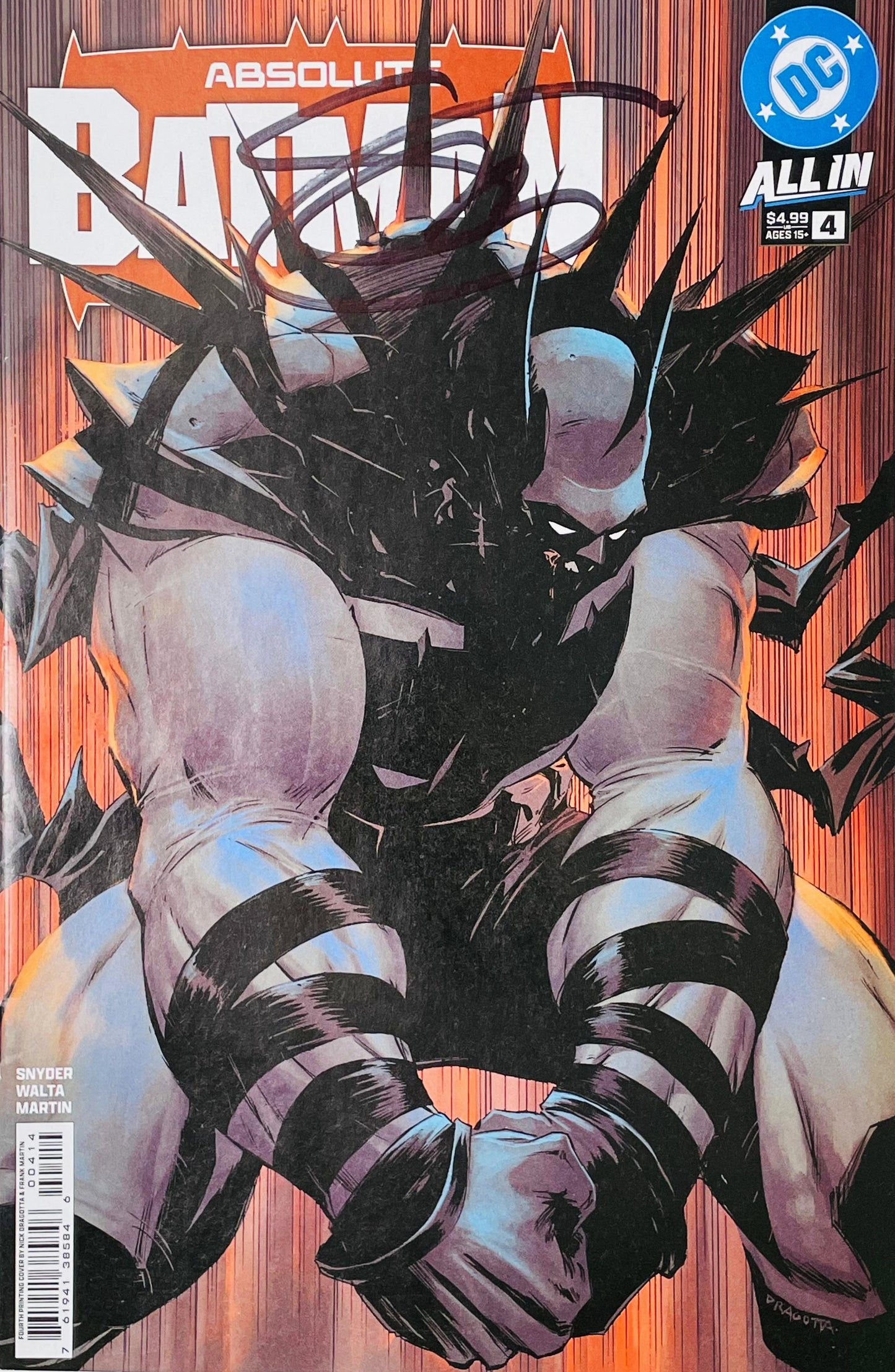 Signed Absolute Batman issue 4 variant cover by Nick Dragotta showing a heavily armored spiked Batman crouching with a signature over the title logo.