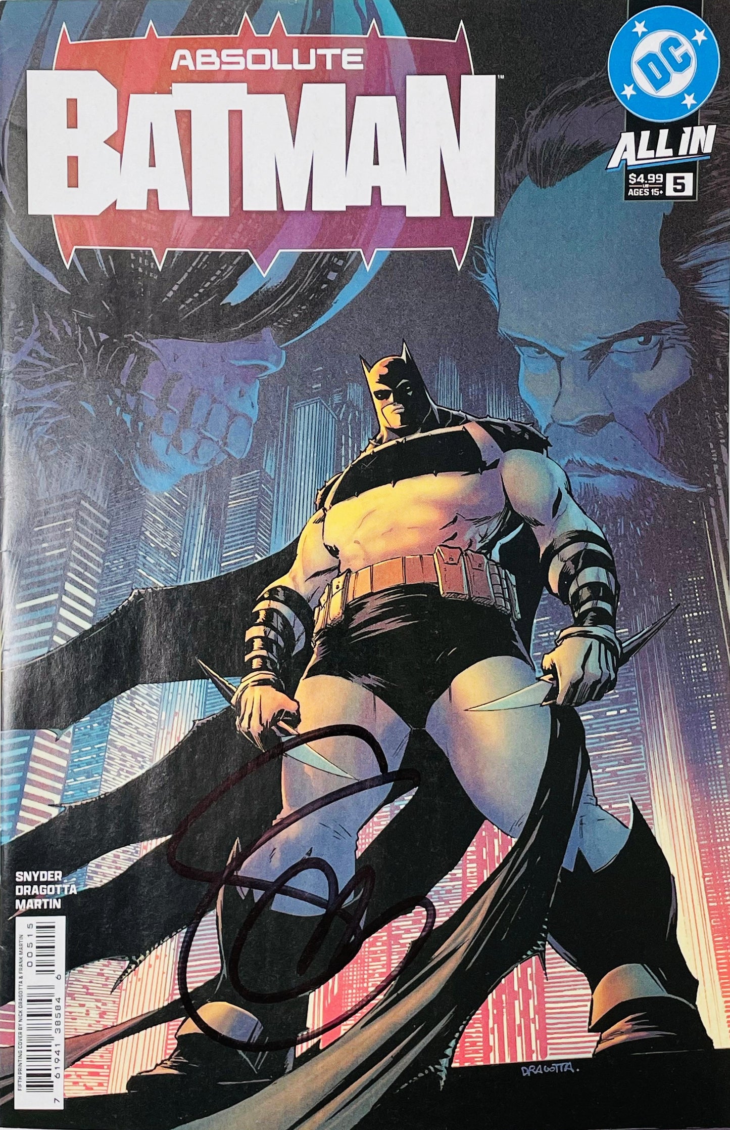 Signed Absolute Batman issue 5 main cover by Nick Dragotta featuring Batman holding dual blades over Gotham City with a signature on the front.