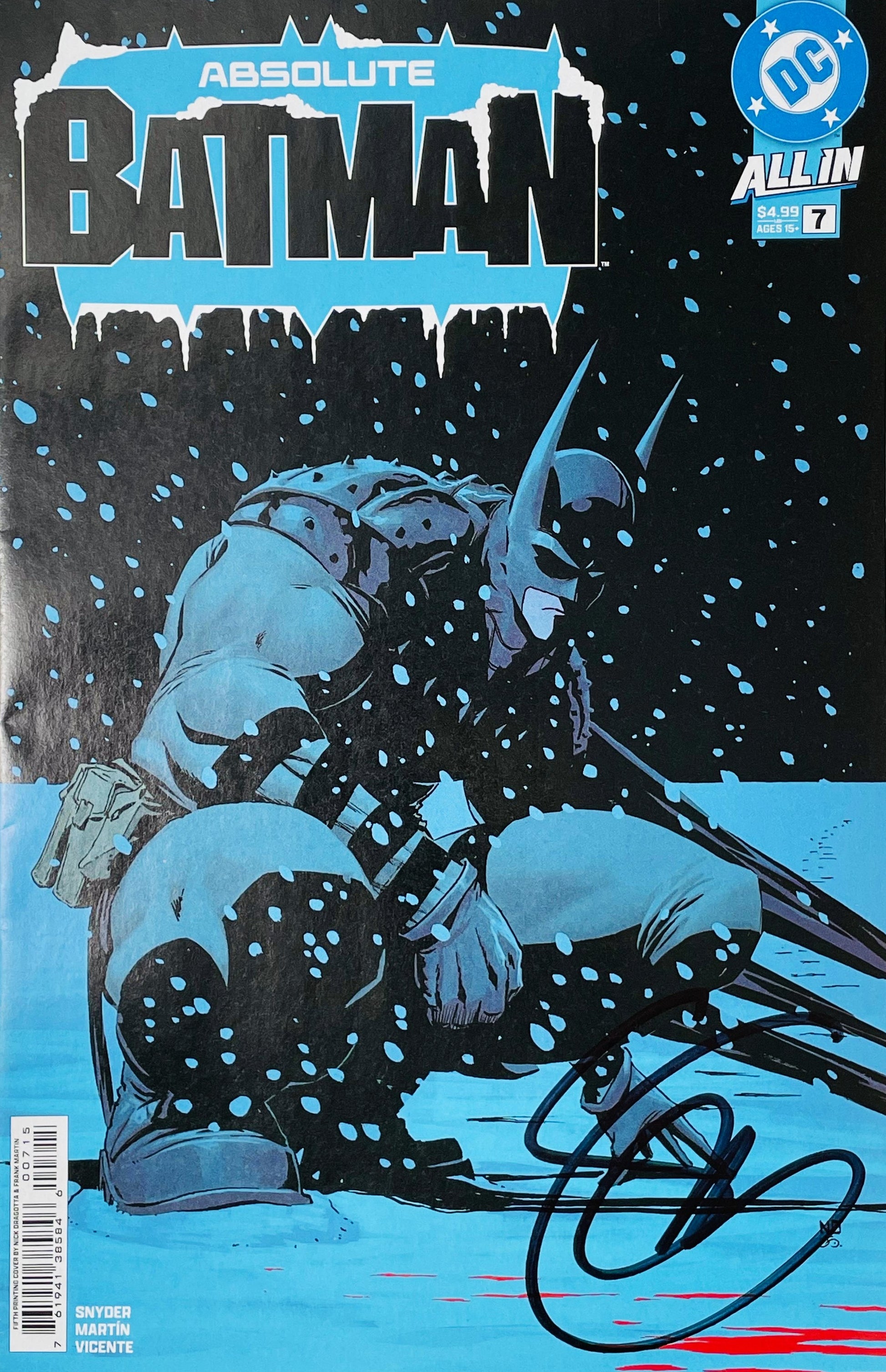Signed Absolute Batman issue 7 cover by Nick Dragotta showing a crouching armored Batman in heavy falling snow with a signature at the bottom.