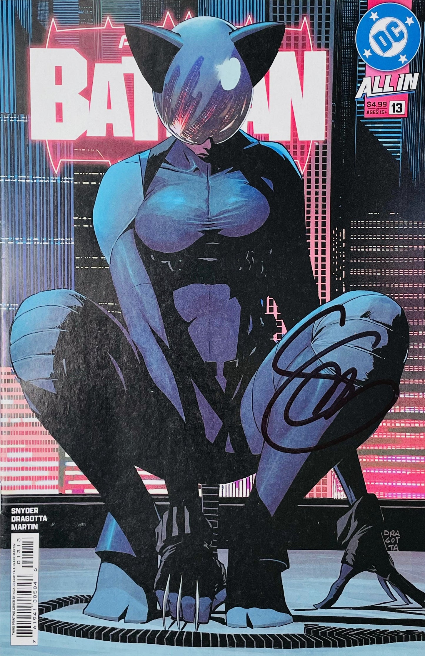 Signed Absolute Batman issue 13 cover by Nick Dragotta showing Catwoman crouching on a rooftop with a reflective helmet and black signature.