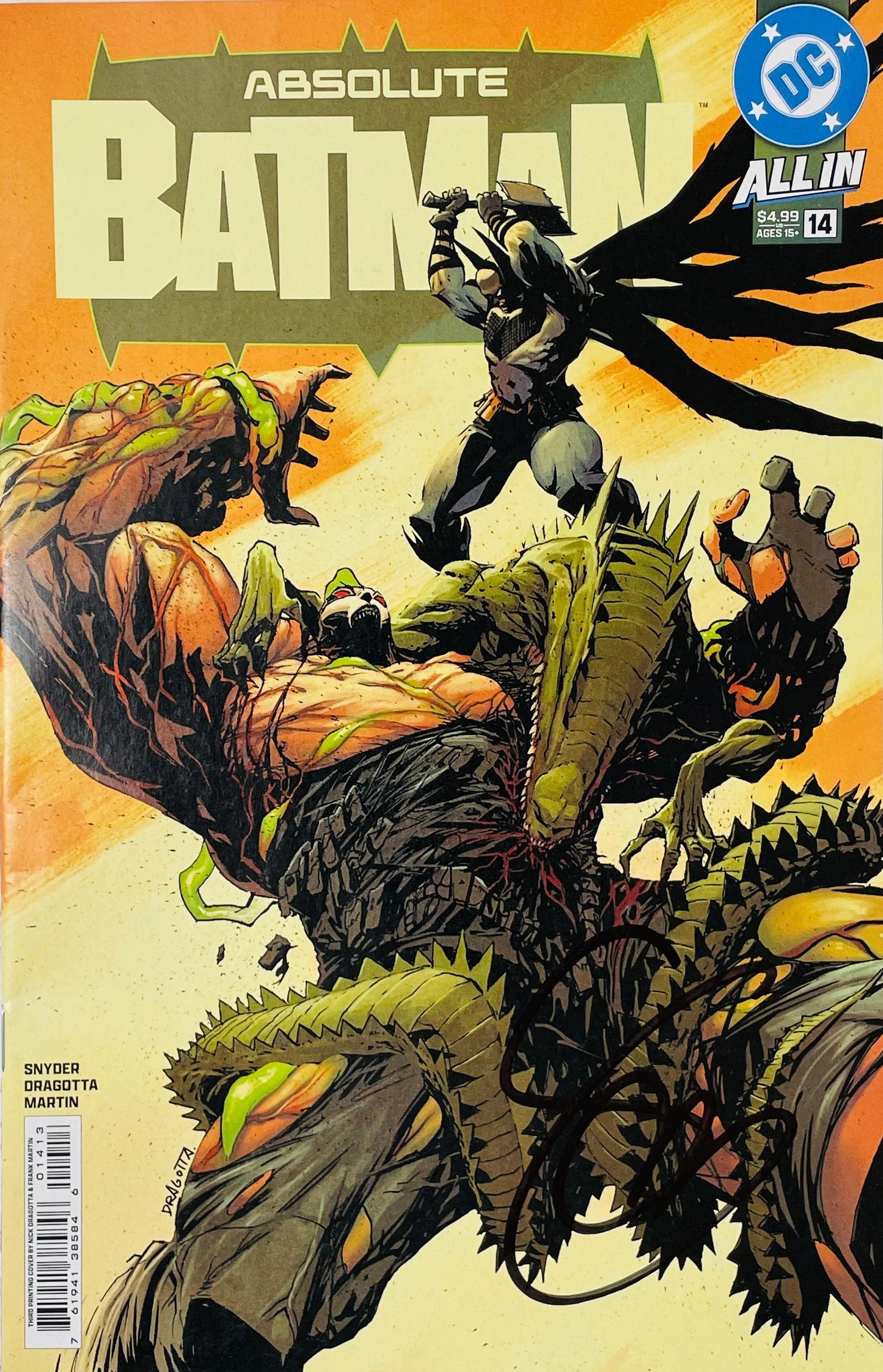 Signed Absolute Batman issue 14 main cover by Nick Dragotta showing Batman leaping with an axe above Bane fighting Killer Croc with a black signature.