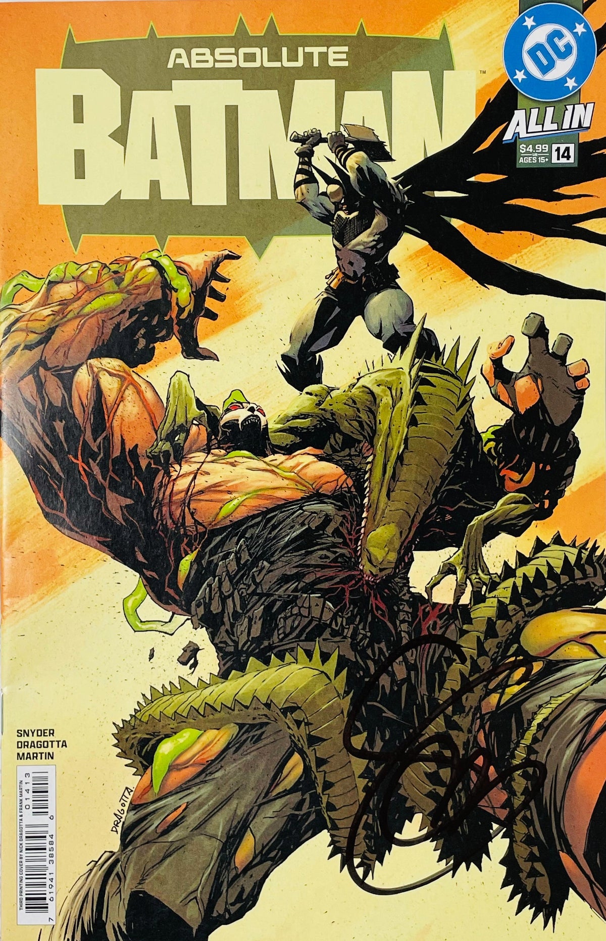 Signed Absolute Batman issue 14 main cover by Nick Dragotta showing Batman leaping with an axe above Bane fighting Killer Croc with a black signature.