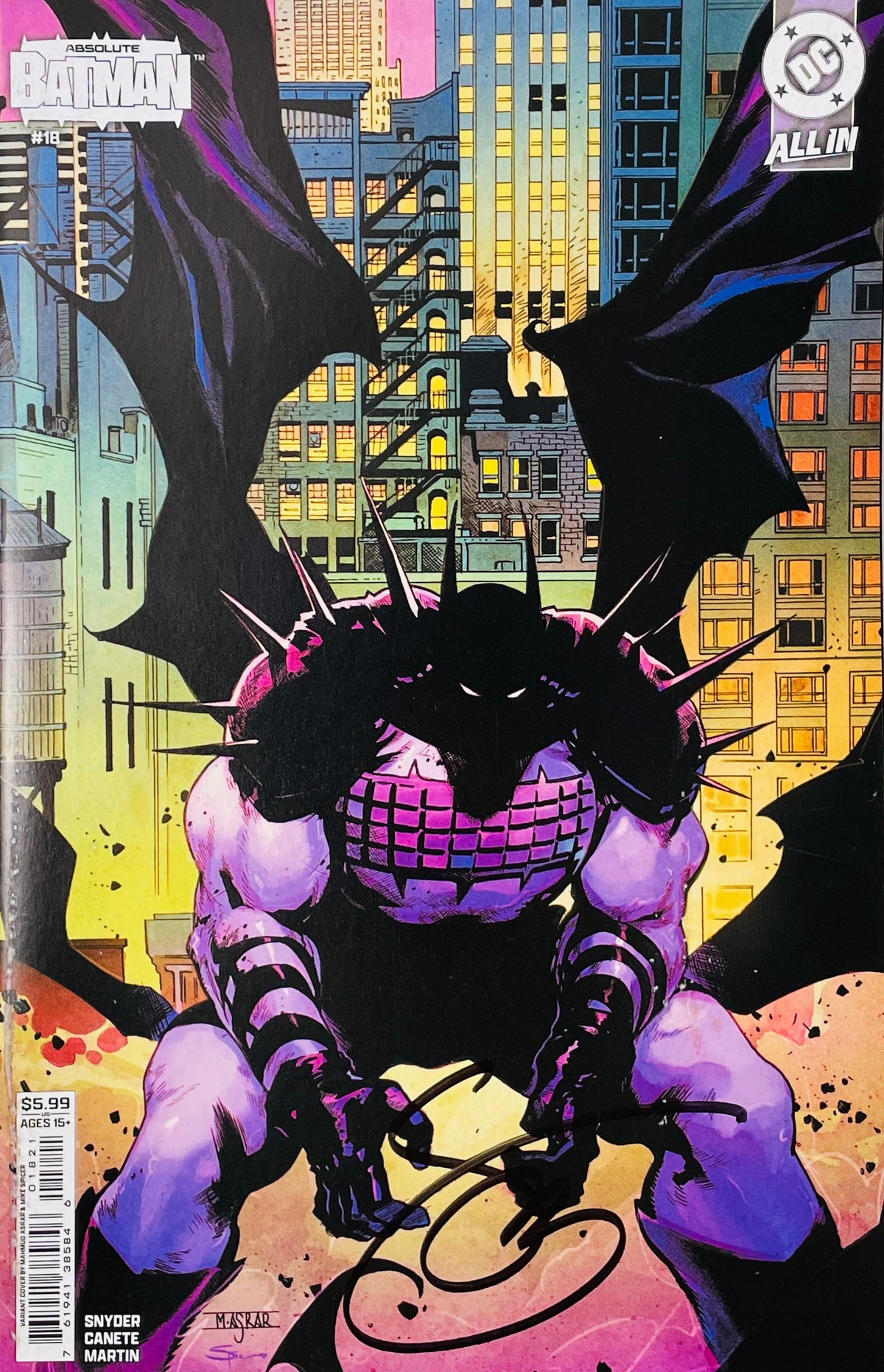 Signed Absolute Batman issue 18 variant cover by Mahmoud Asrar featuring Batman perched with massive bat wings spread over Gotham City with a black signature.
