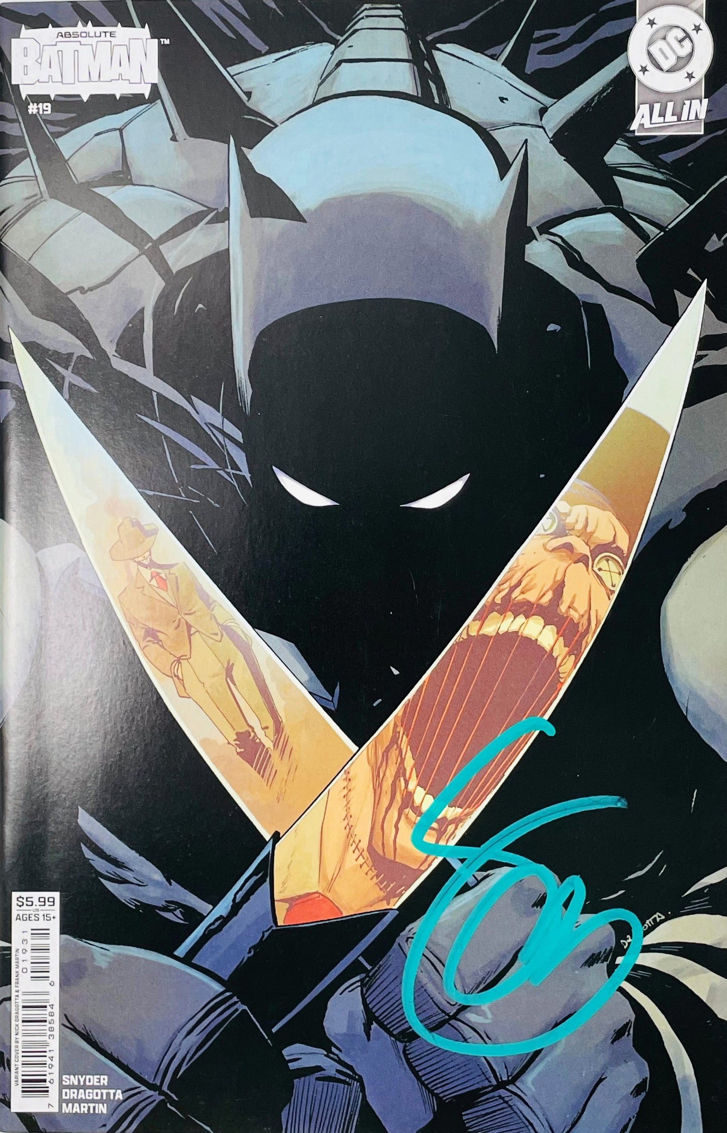 Signed Absolute Batman issue 19 variant cover by Nick Dragotta showing a shadowy Batman holding crossed blades reflecting villains with a turquoise signature.