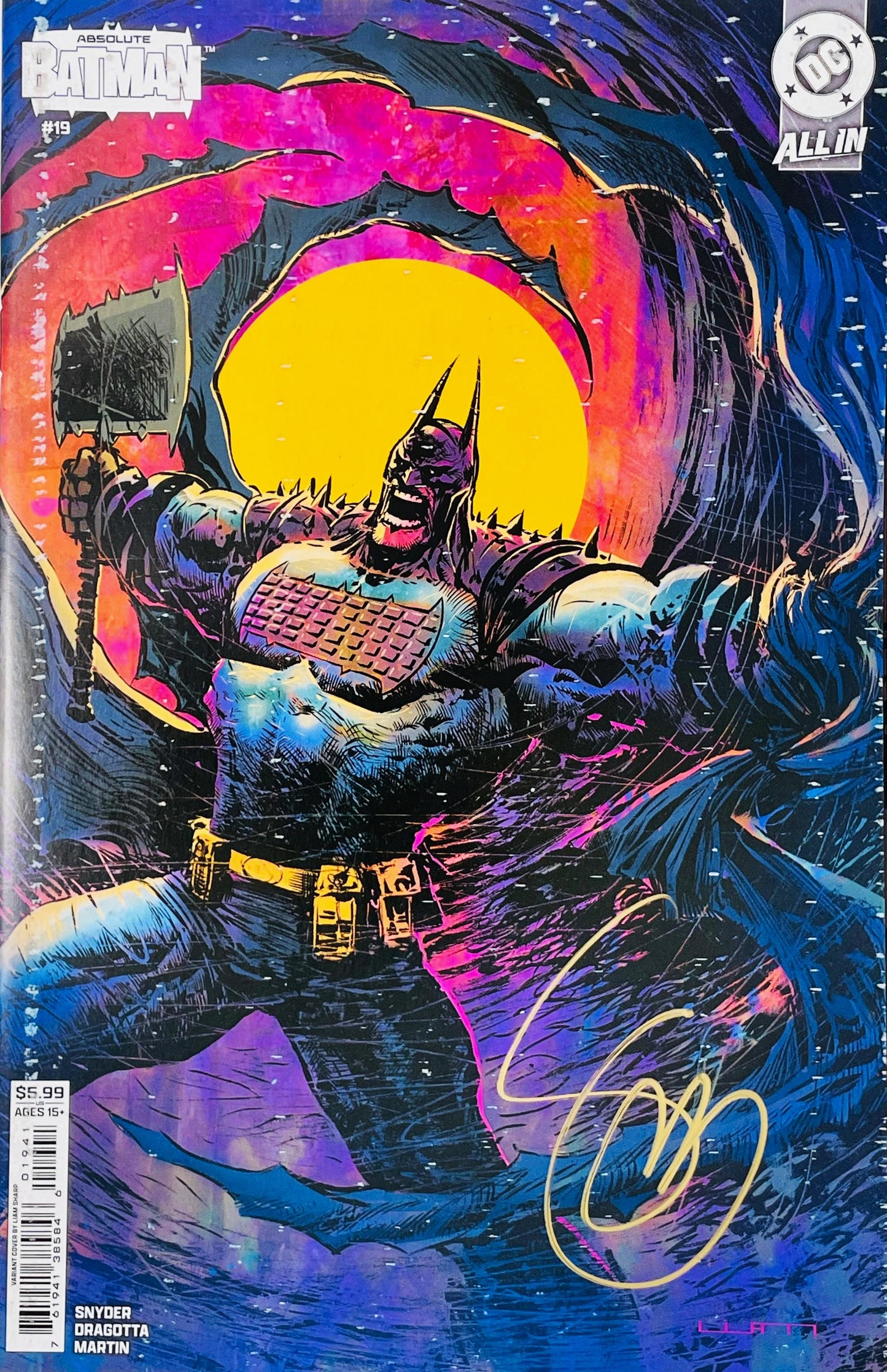 Signed Absolute Batman issue 19 variant cover by Liam Sharp featuring a roaring Batman holding an axe in front of a yellow moon with a gold signature.