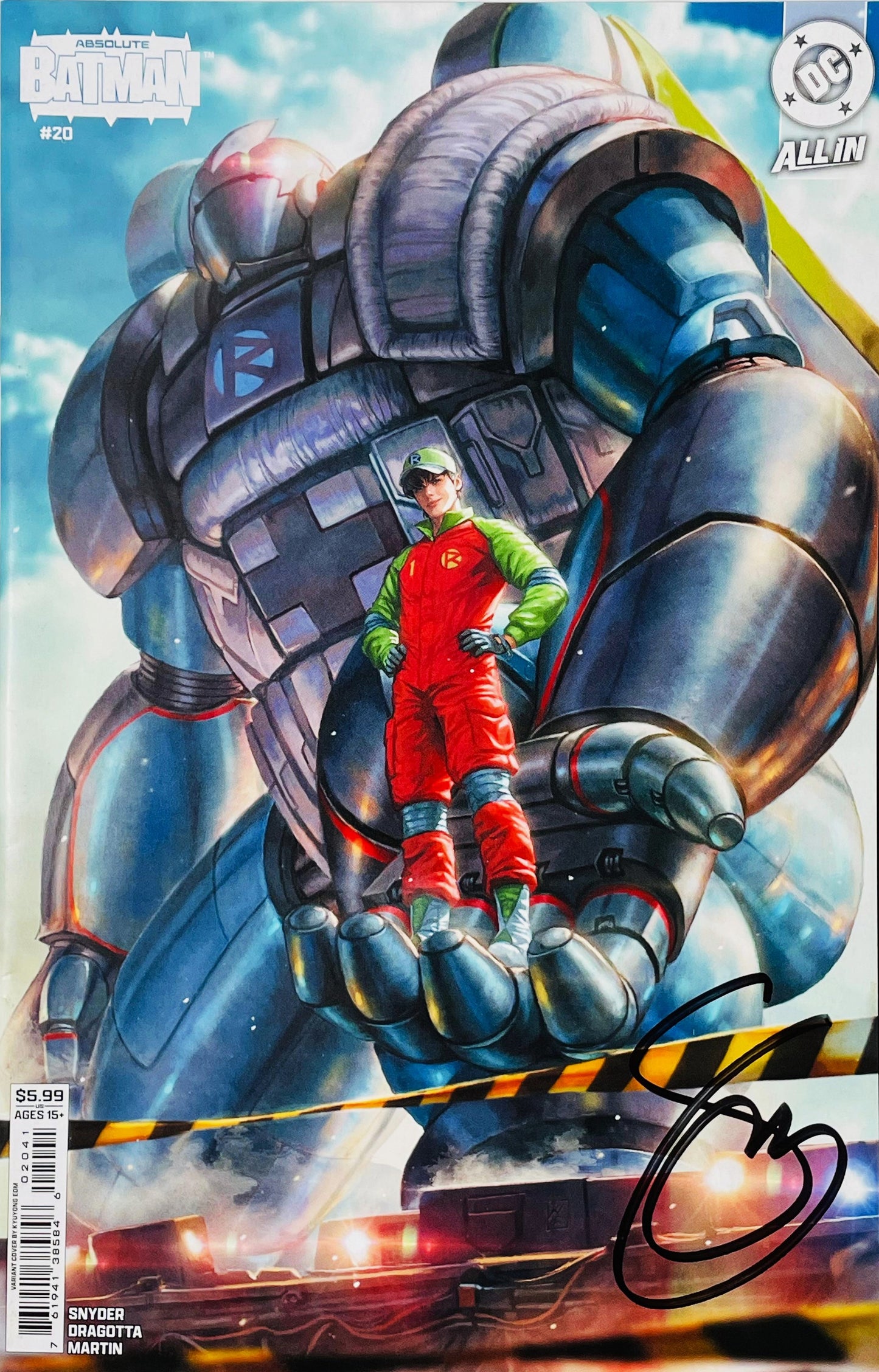 Signed Absolute Batman issue 20 variant cover by Kael Ngu showing Robin standing on the palm of a giant blue mech robot with a black signature.