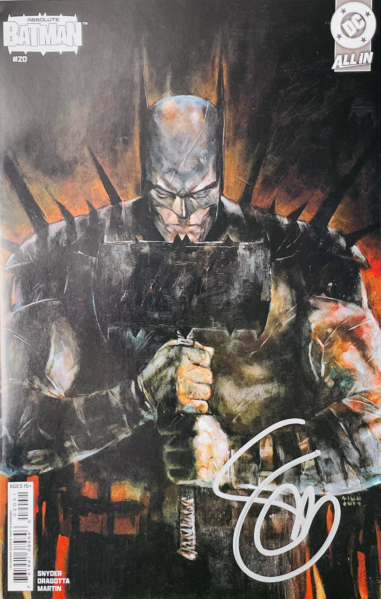 Signed Absolute Batman issue 20 variant cover by Martin Simmonds showing a brooding armored Batman holding a broadaxe with a white paint pen signature.