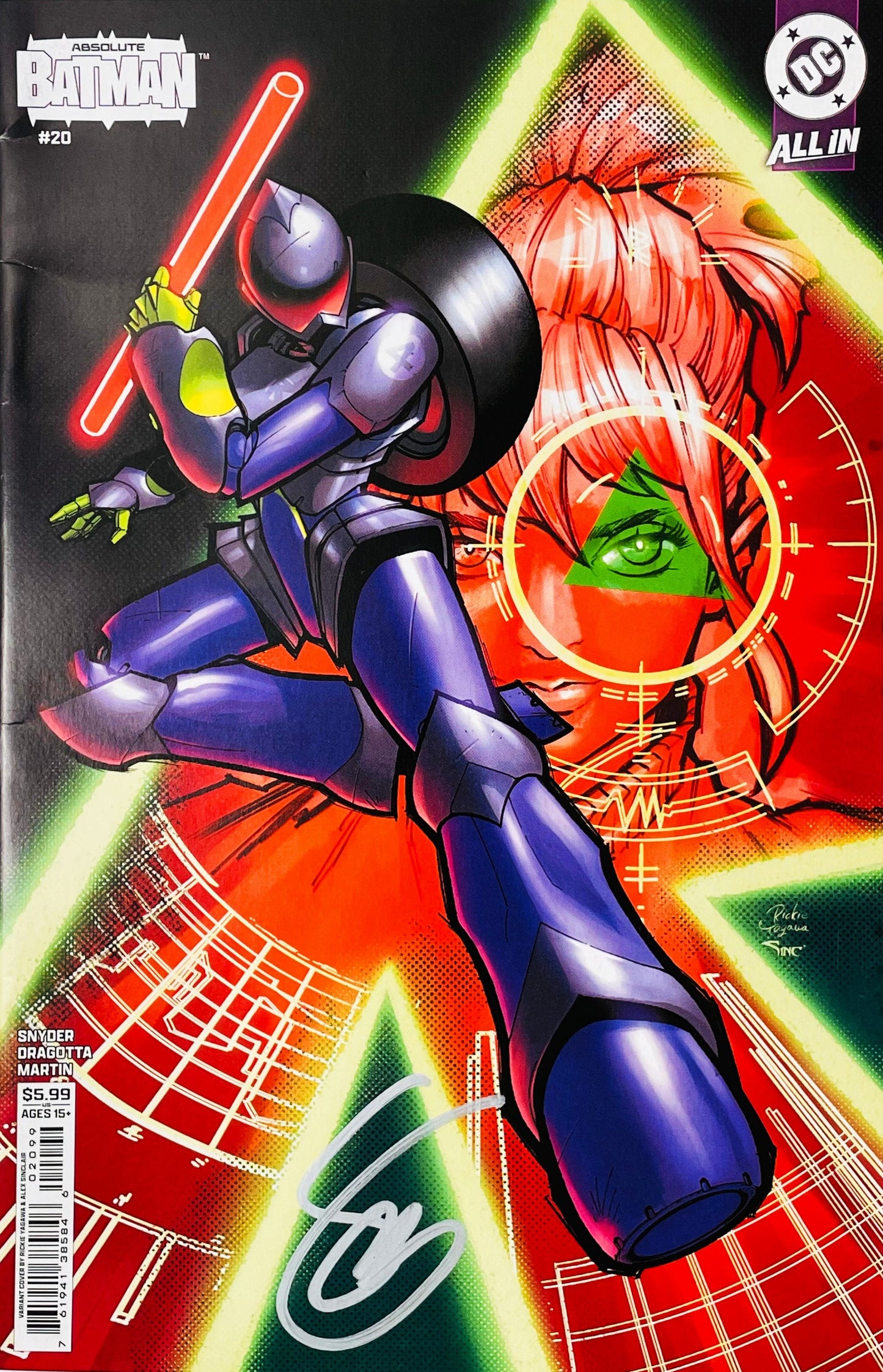 Signed Absolute Batman issue 20 variant cover by Rickie Yagawa showing an armored futuristic hero jumping with a glowing baton with a silver signature.