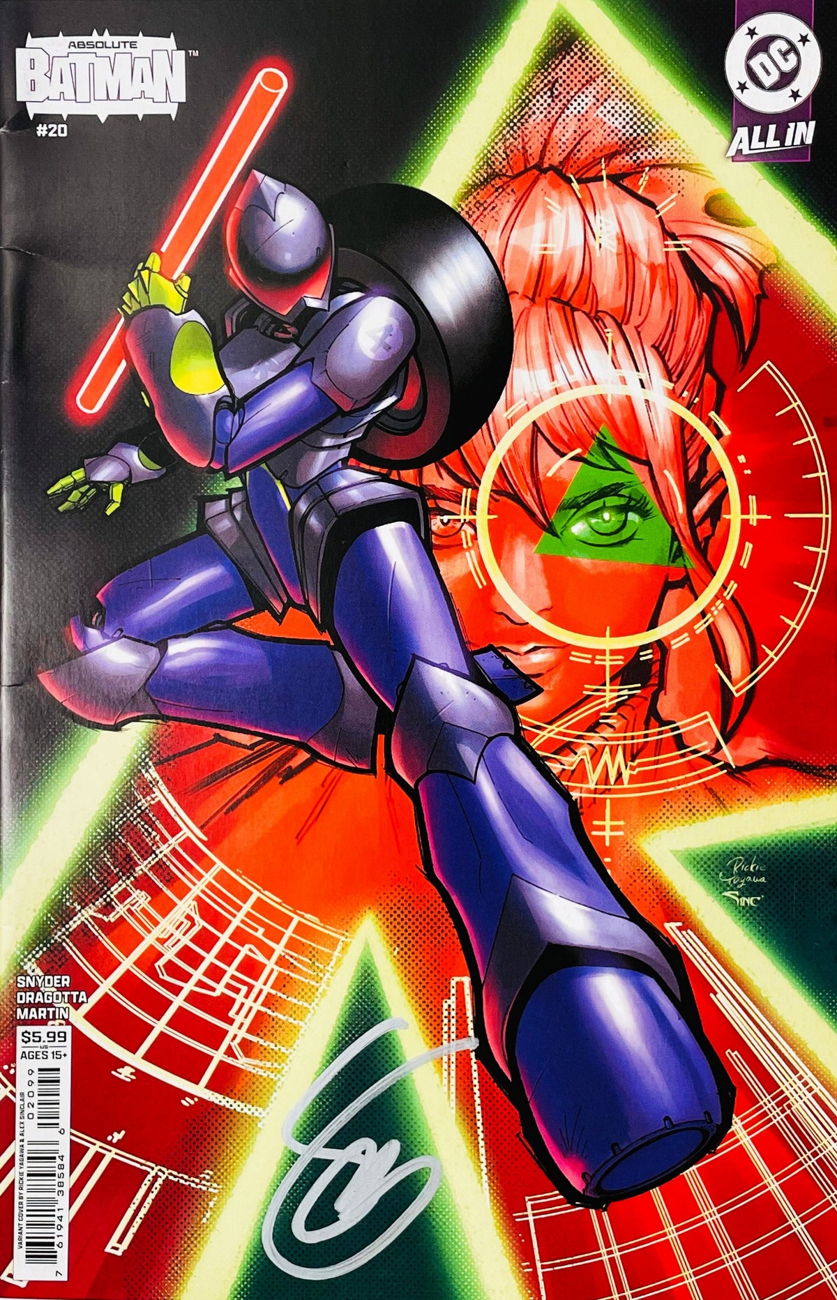 Signed Absolute Batman issue 20 variant cover by Rickie Yagawa showing an armored futuristic hero jumping with a glowing baton with a silver signature.