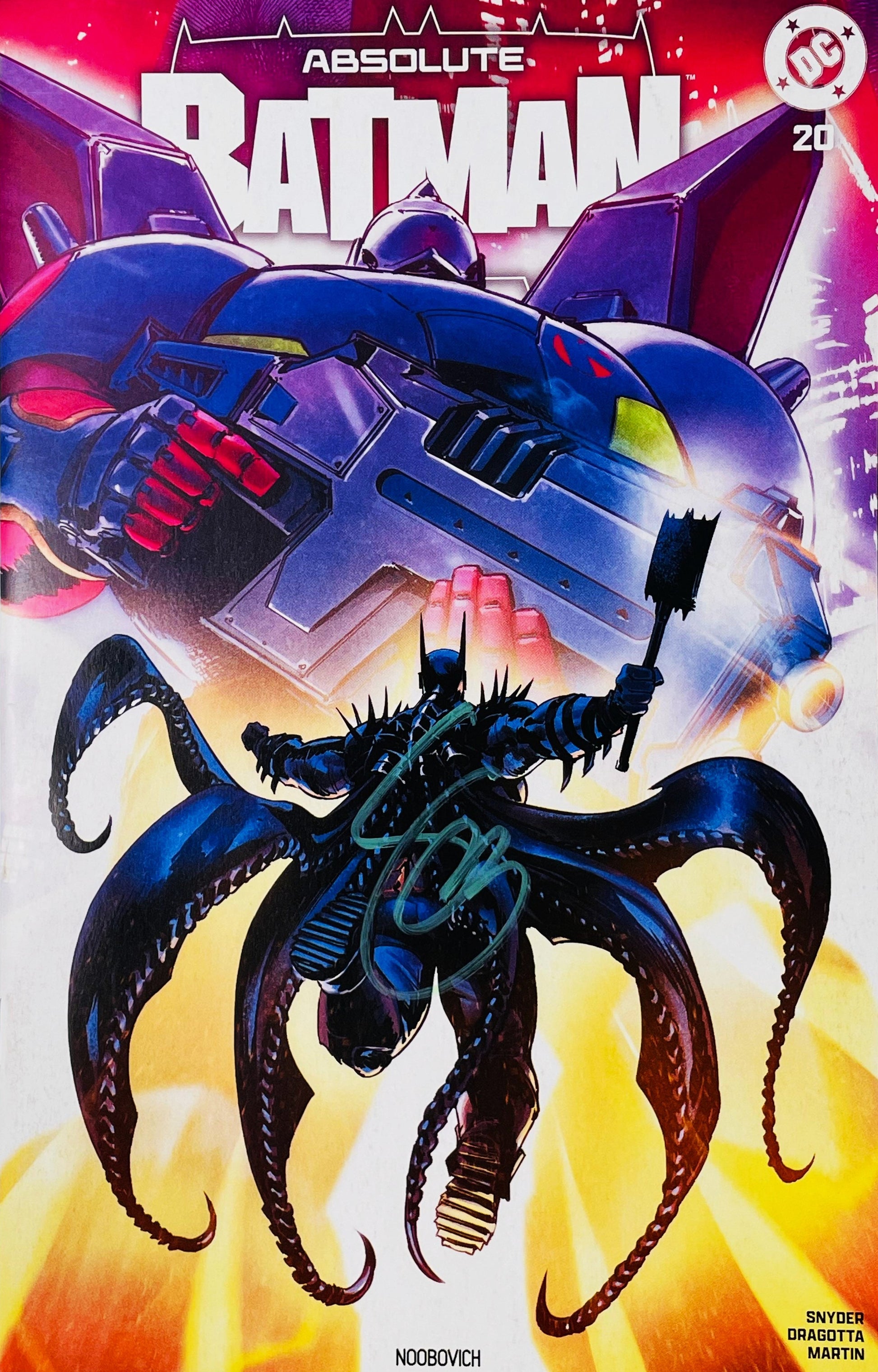 Signed Absolute Batman issue 20 variant cover by Noobovich showing Batman with cape tendrils leaping beneath a giant blue mech with a teal signature.