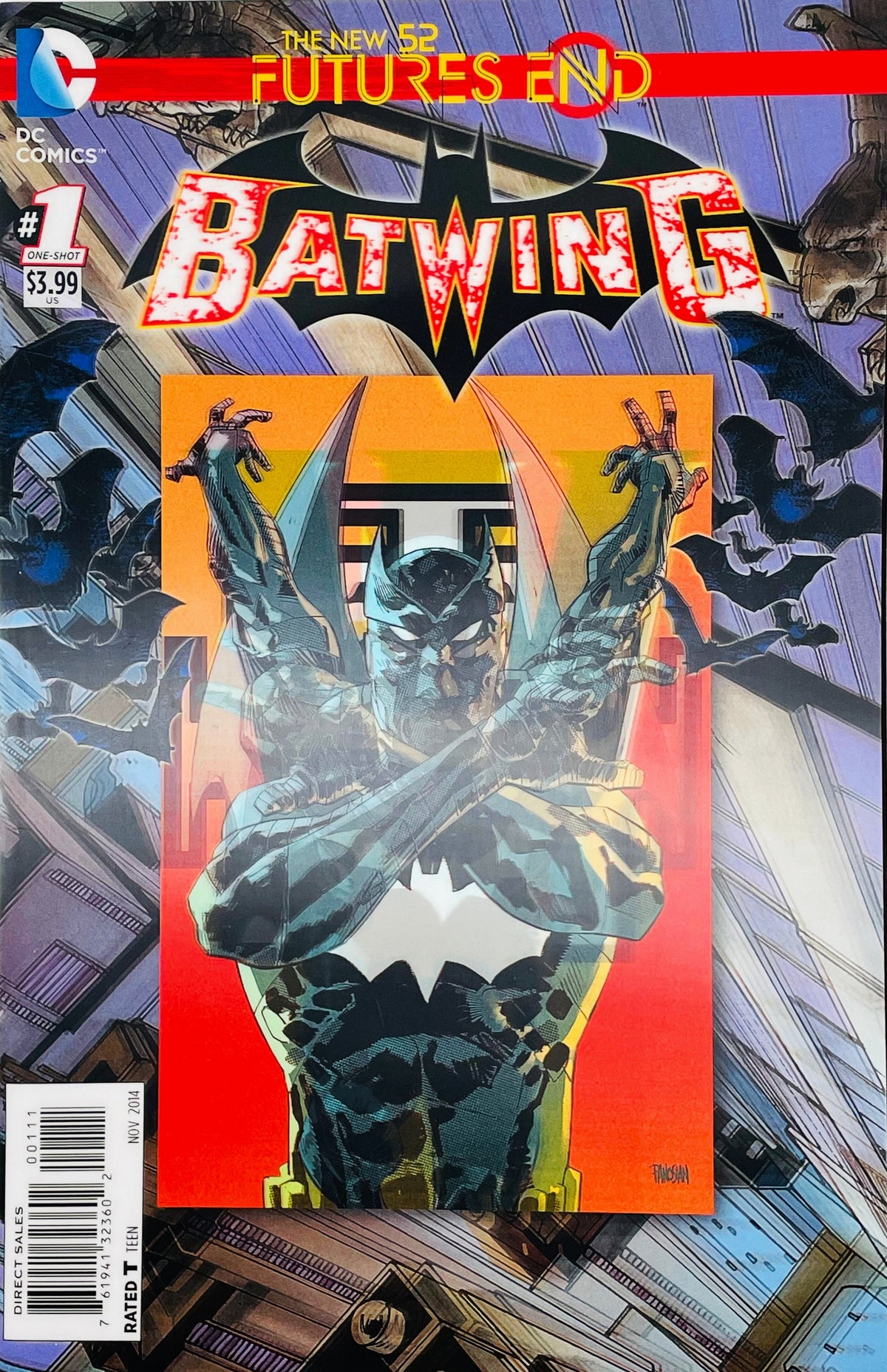 Batwing Futures End issue 1 3D motion lenticular cover featuring Luke Fox in futuristic Batman armor with arms crossed against an orange background.