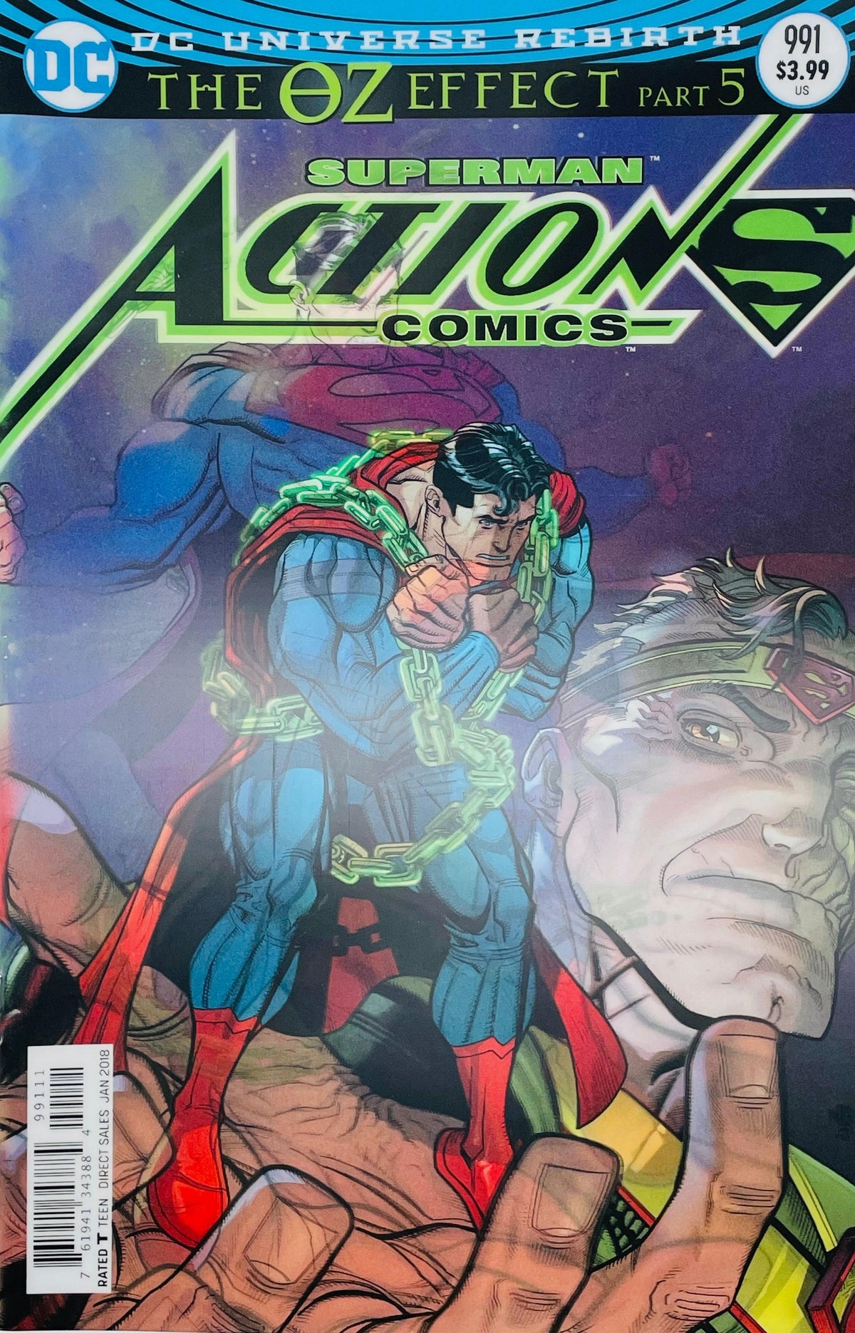 Action Comics issue 991 3D lenticular cover featuring Superman bound in green glowing kryptonite chains with Mister Oz in the background.