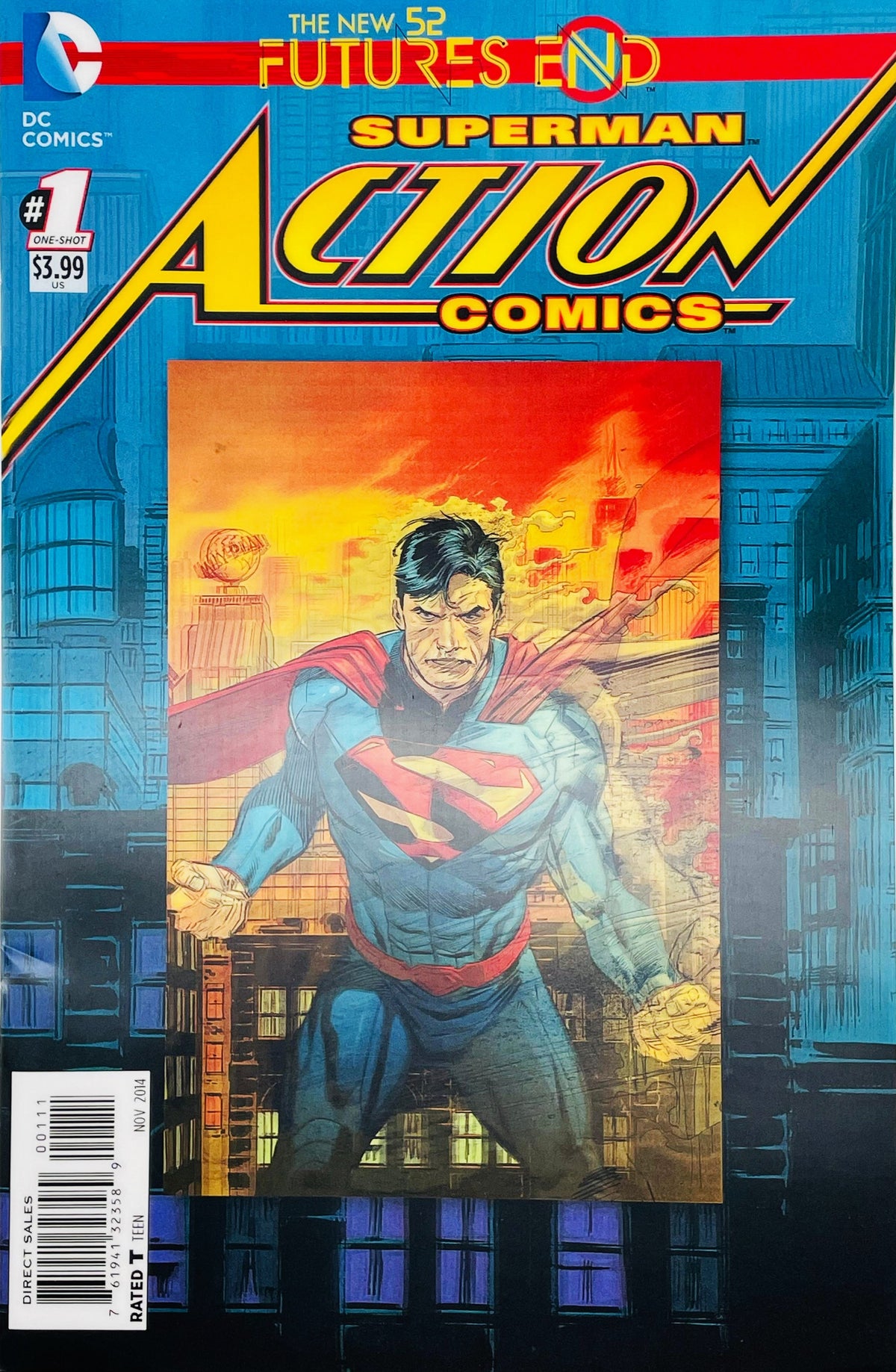 Action Comics Futures End issue 1 3D motion lenticular cover featuring Superman in front of a fiery Metropolis skyline with the Daily Planet globe.