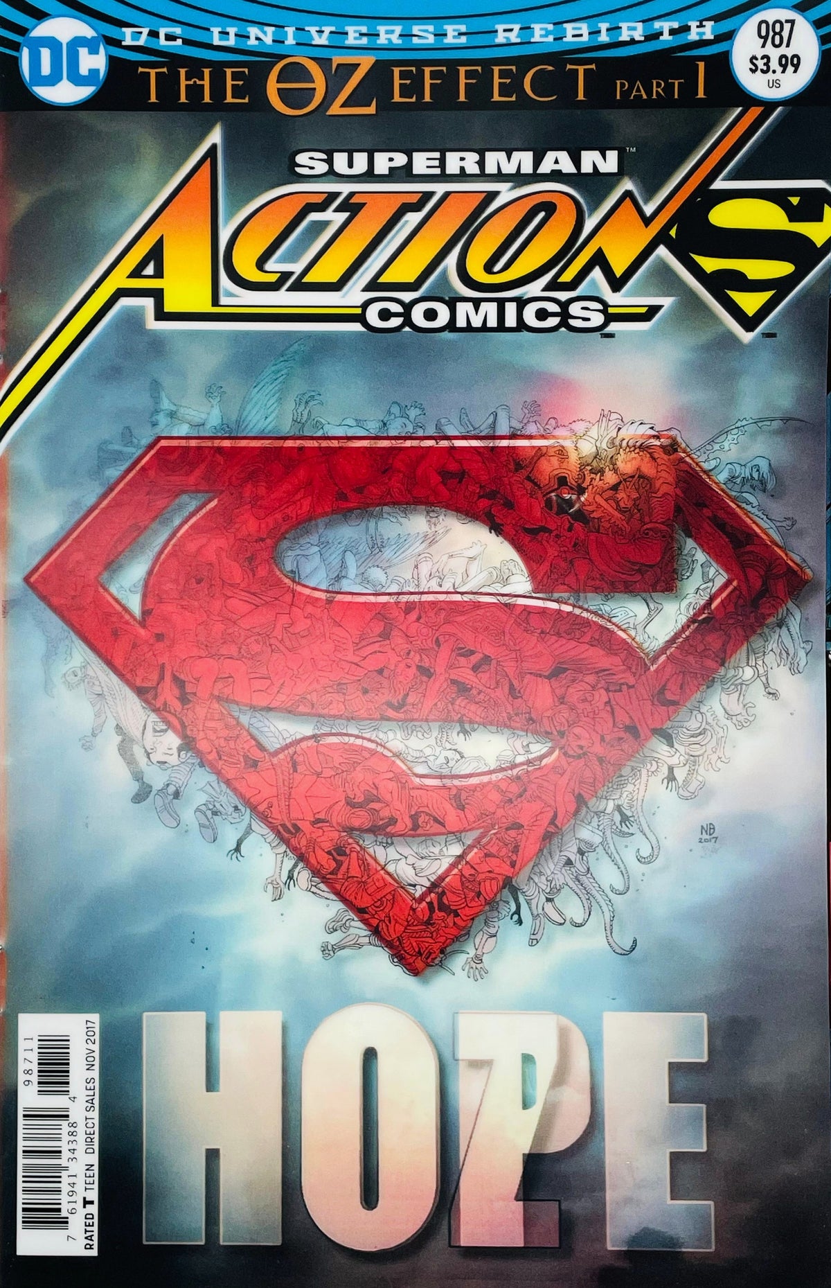 Action Comics issue 987 3D lenticular cover featuring the red Superman S-shield above the word HOPE from The Oz Effect storyline.