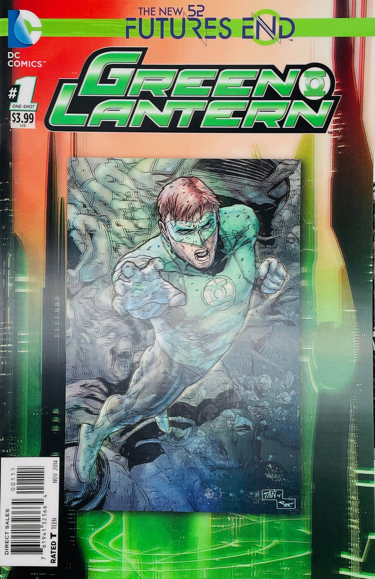 Green Lantern Futures End issue 1 3D motion lenticular cover featuring Hal Jordan charging forward with his power ring surrounded by green construct energy.