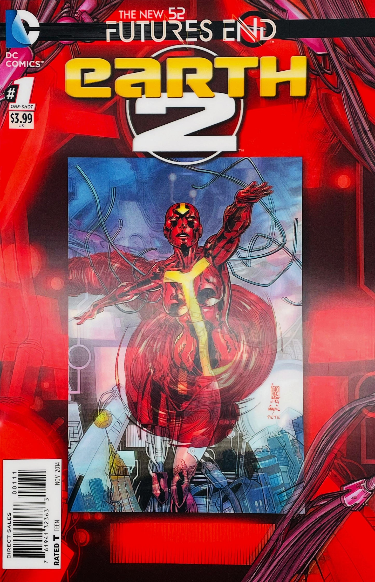 Earth 2 Futures End issue 1 3D motion lenticular cover featuring Red Tornado floating with swirling wires against a sci-fi city background.