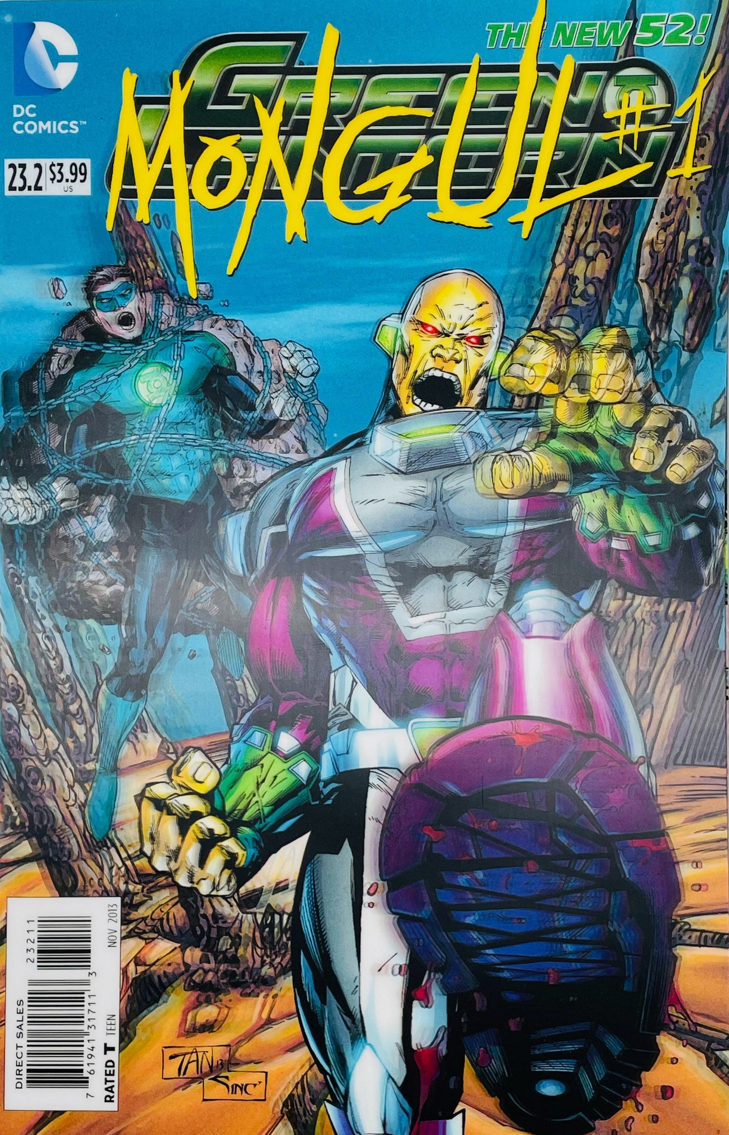 Green Lantern issue 23.2 Mongul 1 3D motion lenticular cover featuring a menacing Mongul stepping forward with Hal Jordan bound in the background.