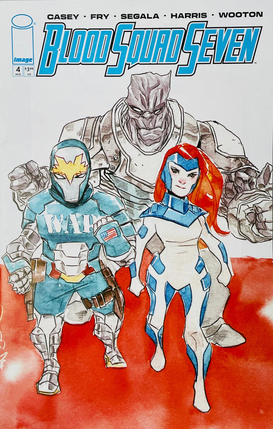 Blood Squad Seven #4 Paul Fry Cover comic image featuring the Blood Squad Seven superhero team in colorful blue, red and white costumes