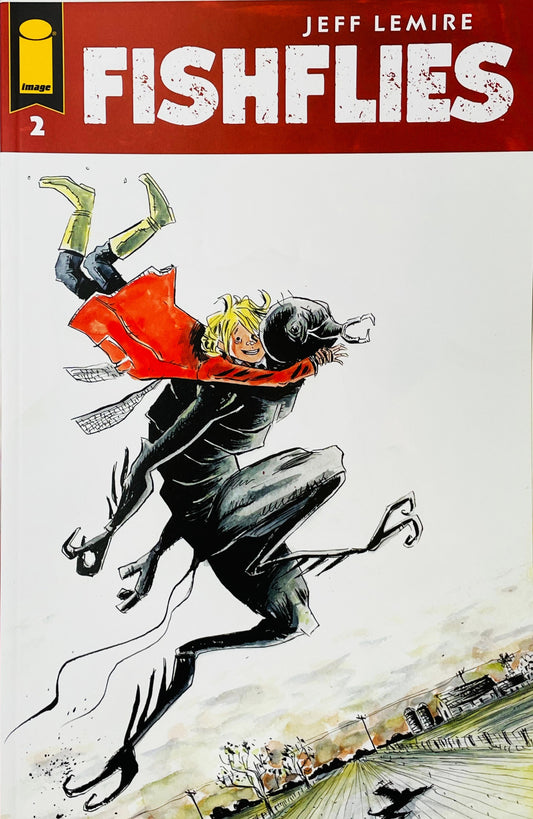 Fishflies #2 Jeff Lemire Cover featuring Franny Fox carried through the air by a mysterious fugitive above a rural landscape