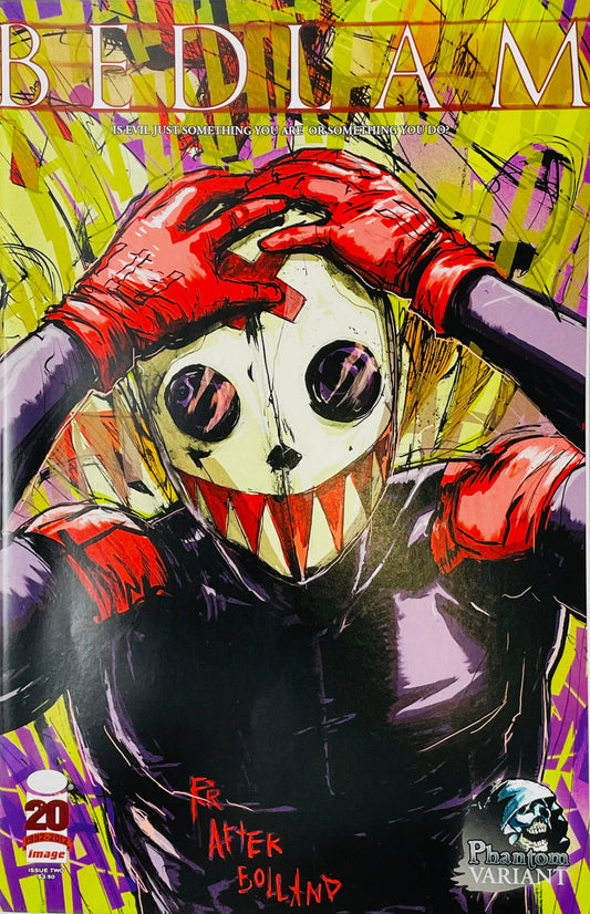 Bedlam #2 Riley Rossmo Phantom Variant cover featuring a sinister masked figure with red gloves, jagged teeth and a vivid yellow, green and purple background

