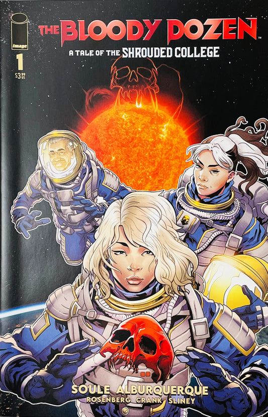 The Bloody Dozen A Tale of the Shrouded College #1 Alberto Jimenez Alburquerque Cover B featuring three astronauts in space suits before a glowing sun with a sinister skull