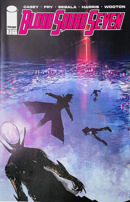 Blood Squad Seven #5 Paul Fry Cover featuring silhouetted superheroes falling through a futuristic blue and purple digital landscape beneath a glowing red structure