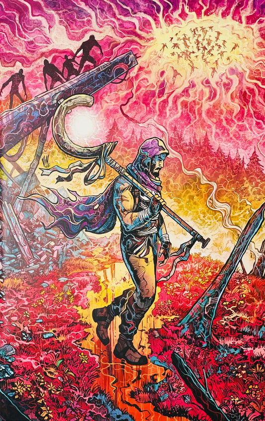 Seven to Eternity fantasy comic artwork featuring a hooded warrior carrying a massive rifle across a surreal pink and red cosmic landscape