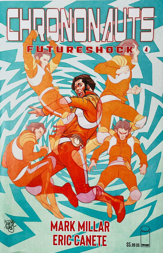 Chrononauts Futureshock #4 Cover A by Pasqual Ferry featuring five time-traveling characters in orange suits against a teal and white futuristic time-stream background