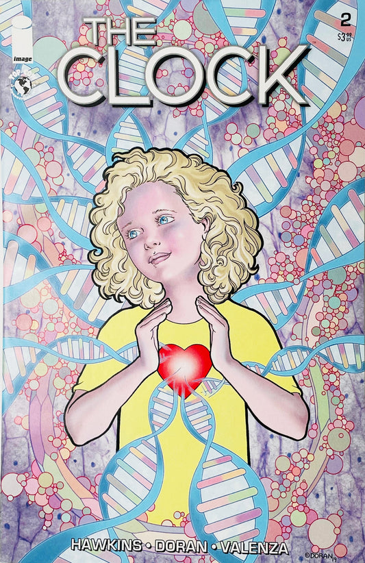 The Clock #2 Colleen Doran Cover featuring a blonde woman with a glowing red heart surrounded by DNA double helix patterns and microscopic biological shapes