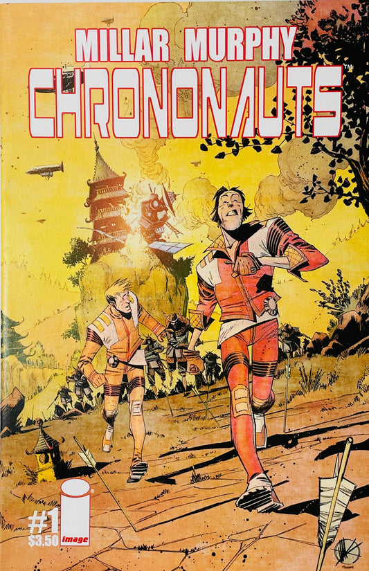 Chrononauts #1 Sean Gordon Murphy Cover featuring two time-traveling heroes running through a battlefield with soldiers, aircraft, explosions and historic architecture