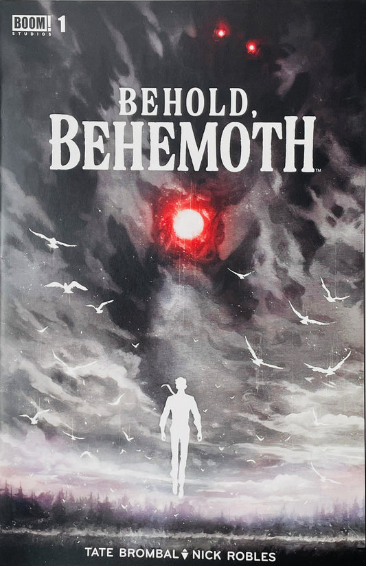 Behold, Behemoth #1 Nick Robles Cover featuring a giant shadowy monster with glowing red eyes towering over a lone white human silhouette beneath a stormy sky filled with birds