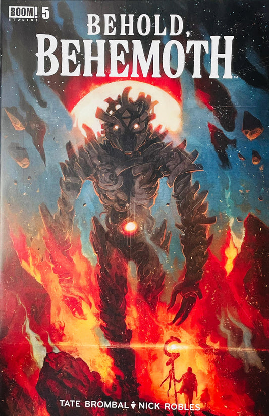 Behold, Behemoth #5 Nick Robles Cover featuring a massive armored monster with glowing eyes emerging from flames beneath a bright red moon and fiery sky