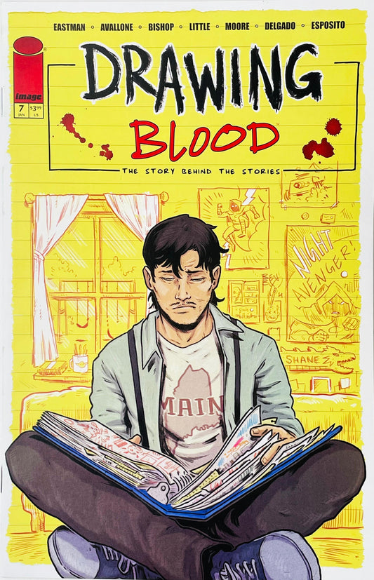Drawing Blood #7 Kevin Eastman Cover featuring Shane Bookman sitting cross-legged with an open comic sketchbook surrounded by drawings and creative ideas