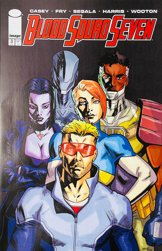 Blood Squad Seven #3 Paul Fry Cover featuring the superhero team standing together in a dramatic group portrait with colorful costumes against a dark background