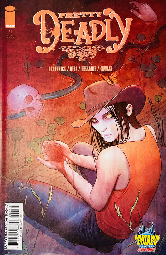 Pretty Deadly #1 Jenny Frison Midtown Comics Exclusive Variant Cover featuring a mysterious woman in a wide-brimmed hat surrounded by surreal red-orange scenery, a skull, plants and a butterfly