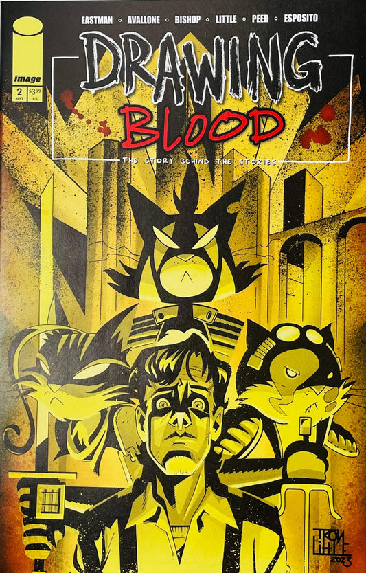 Drawing Blood #2 Kevin Eastman Cover featuring Shane Books Bookman surrounded by stylized comic book characters and imagery in a bold yellow and black composition
