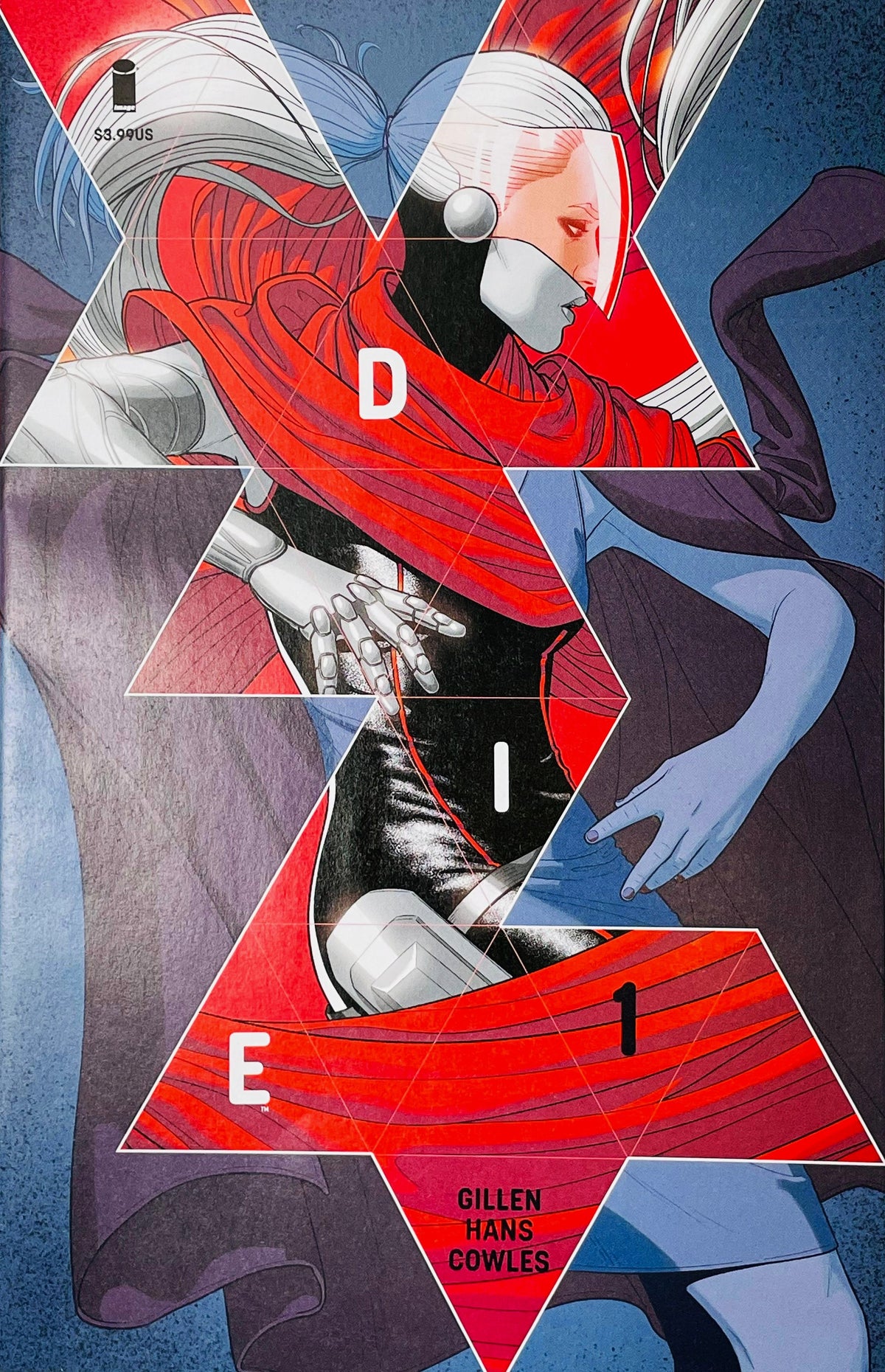 DIE issue 1 variant cover by Stephanie Hans featuring a geometric triangular collage of a fantasy character wearing a red scarf.