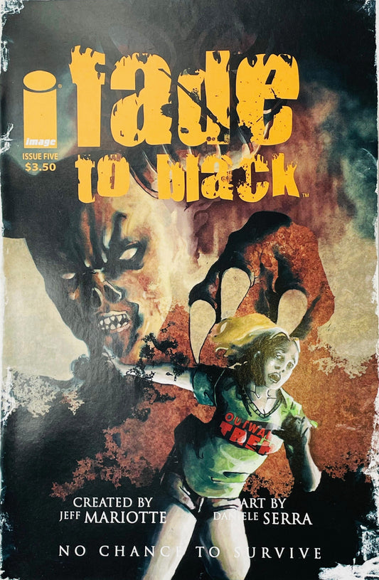 Fade to Black issue 5 cover by Daniele Serra featuring a panicked woman running from a giant shadowy monster with sharp teeth and clawed hands.