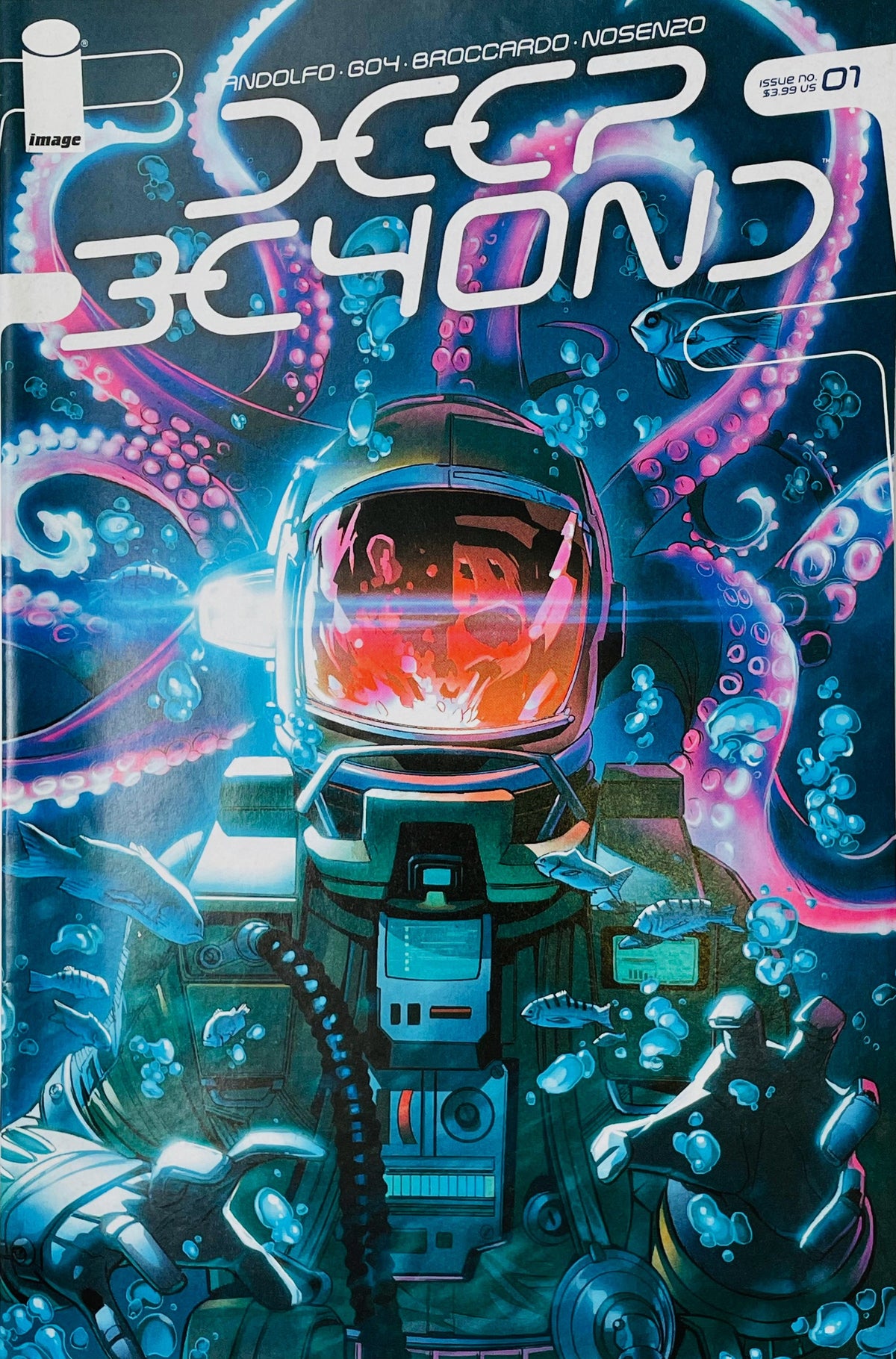 Deep Beyond issue 1 cover by Andrea Broccardo featuring a deep-sea diver underwater surrounded by fish and pink octopus tentacles.