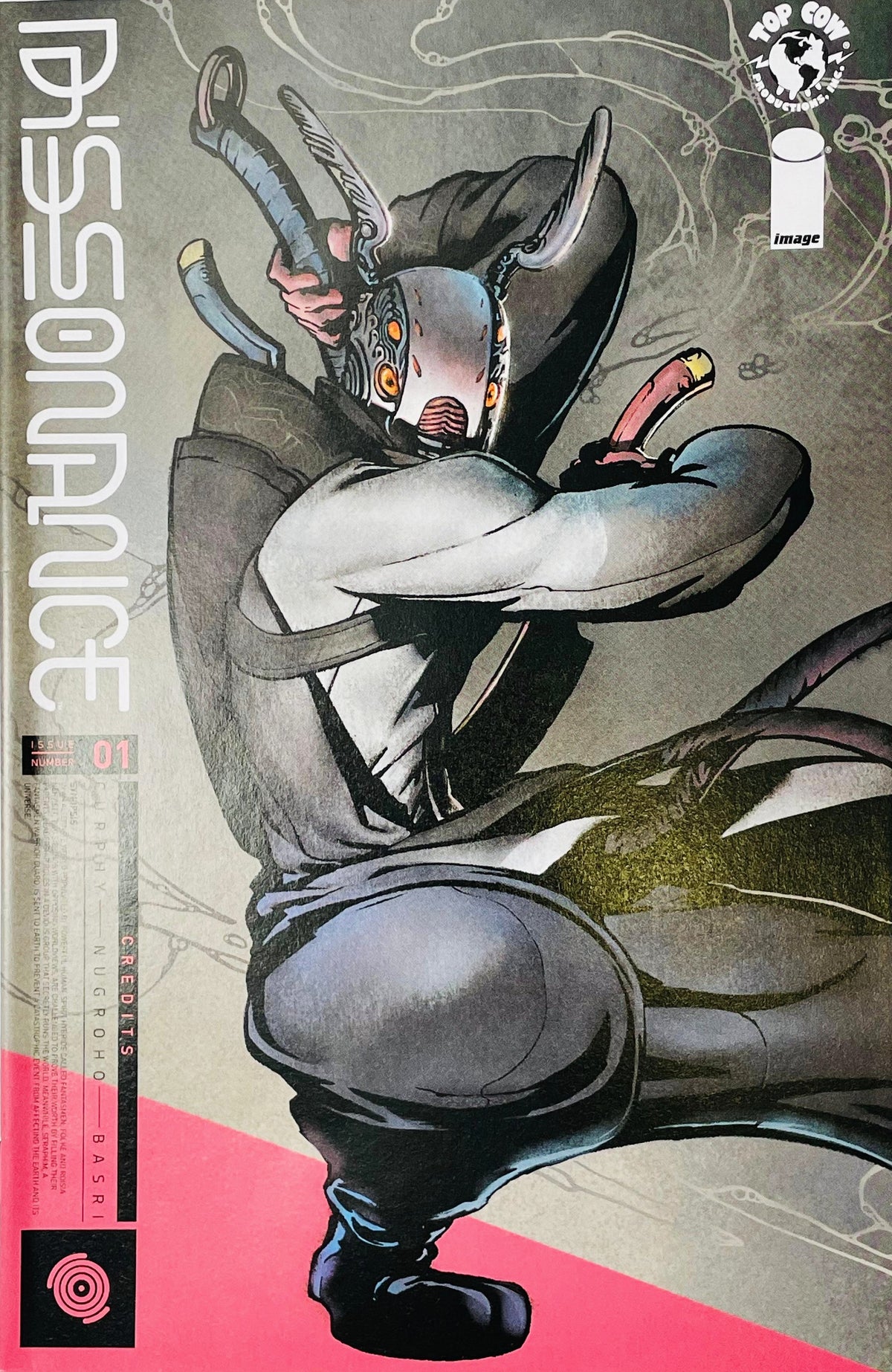 Dissonance issue 1 cover by Melvita Basri featuring a futuristic masked alien warrior crouched in a combat stance with dual blades.