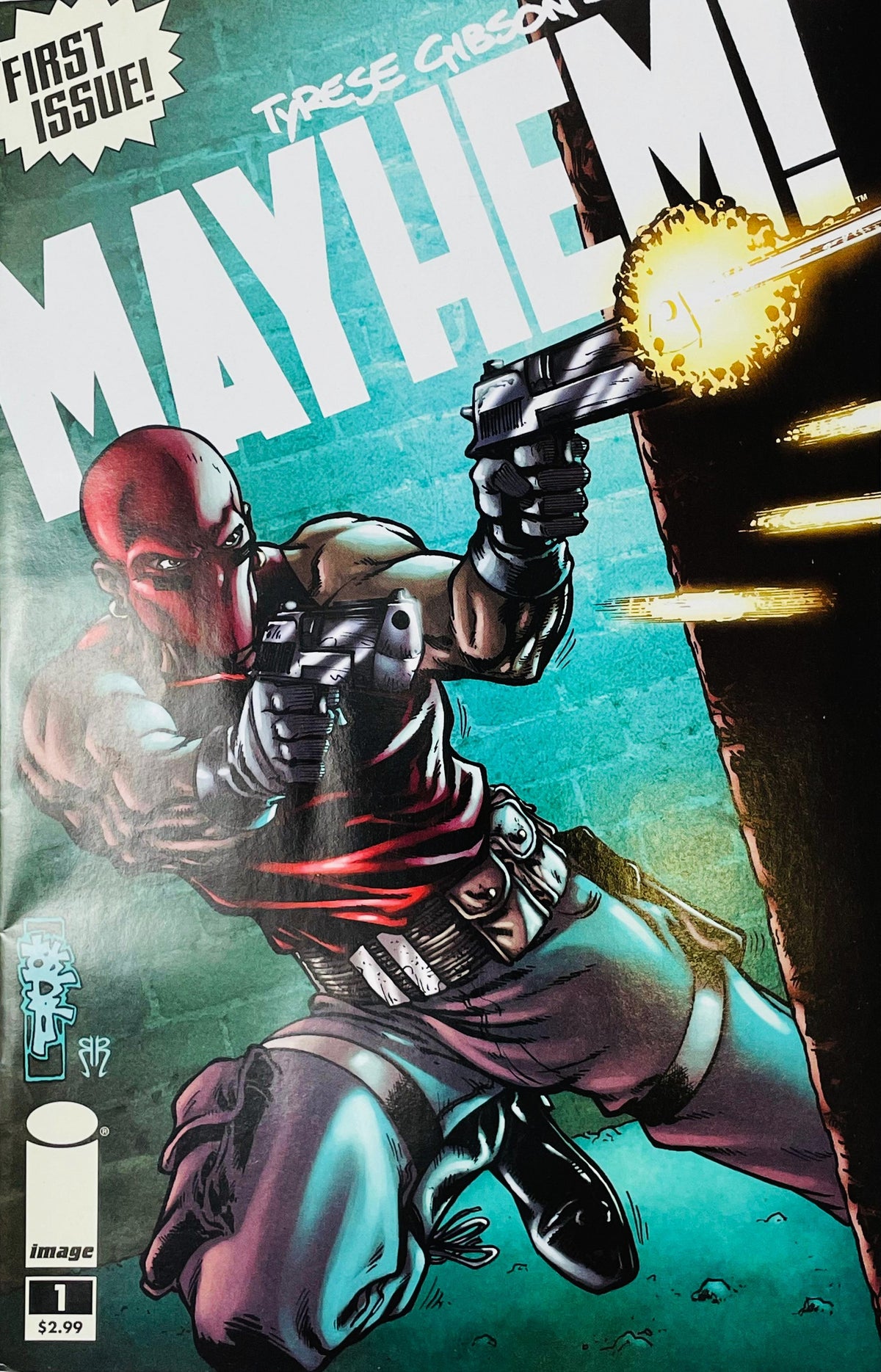 Tyrese Gibson's Mayhem issue 1 cover by Tone Rodriguez featuring a masked red vigilante firing dual handguns while taking cover under fire.