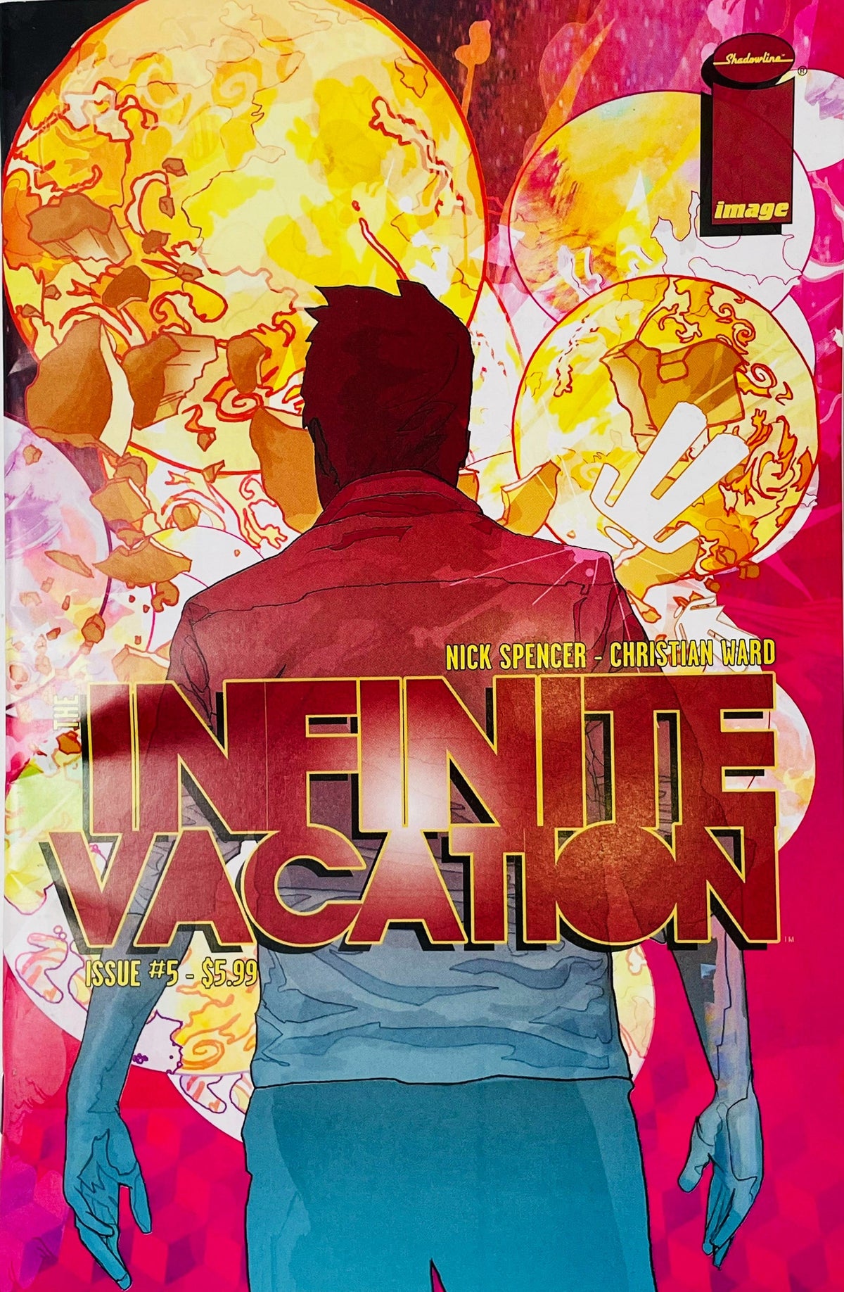 The Infinite Vacation issue 5 cover by Christian Ward featuring a man silhouetted from behind looking out at exploding yellow planets and cosmic light.