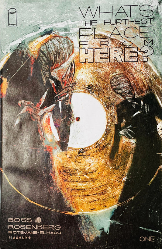 What's The Furthest Place From Here issue 1 variant cover by Martin Simmonds featuring a vinyl record spinning with eerie masked figures in a textured artwork style.