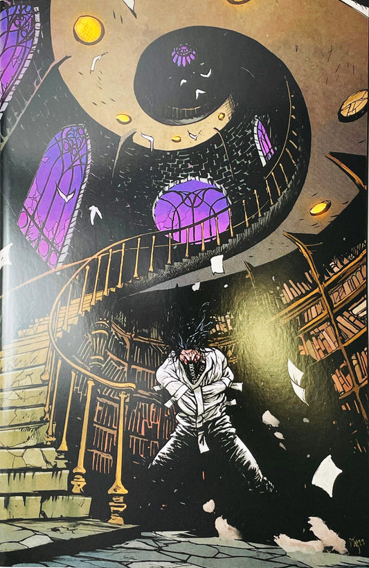 Nameless issue 1 textless virgin variant cover by Chris Burnham featuring a man bound in a straightjacket falling through a spiraling gothic library.