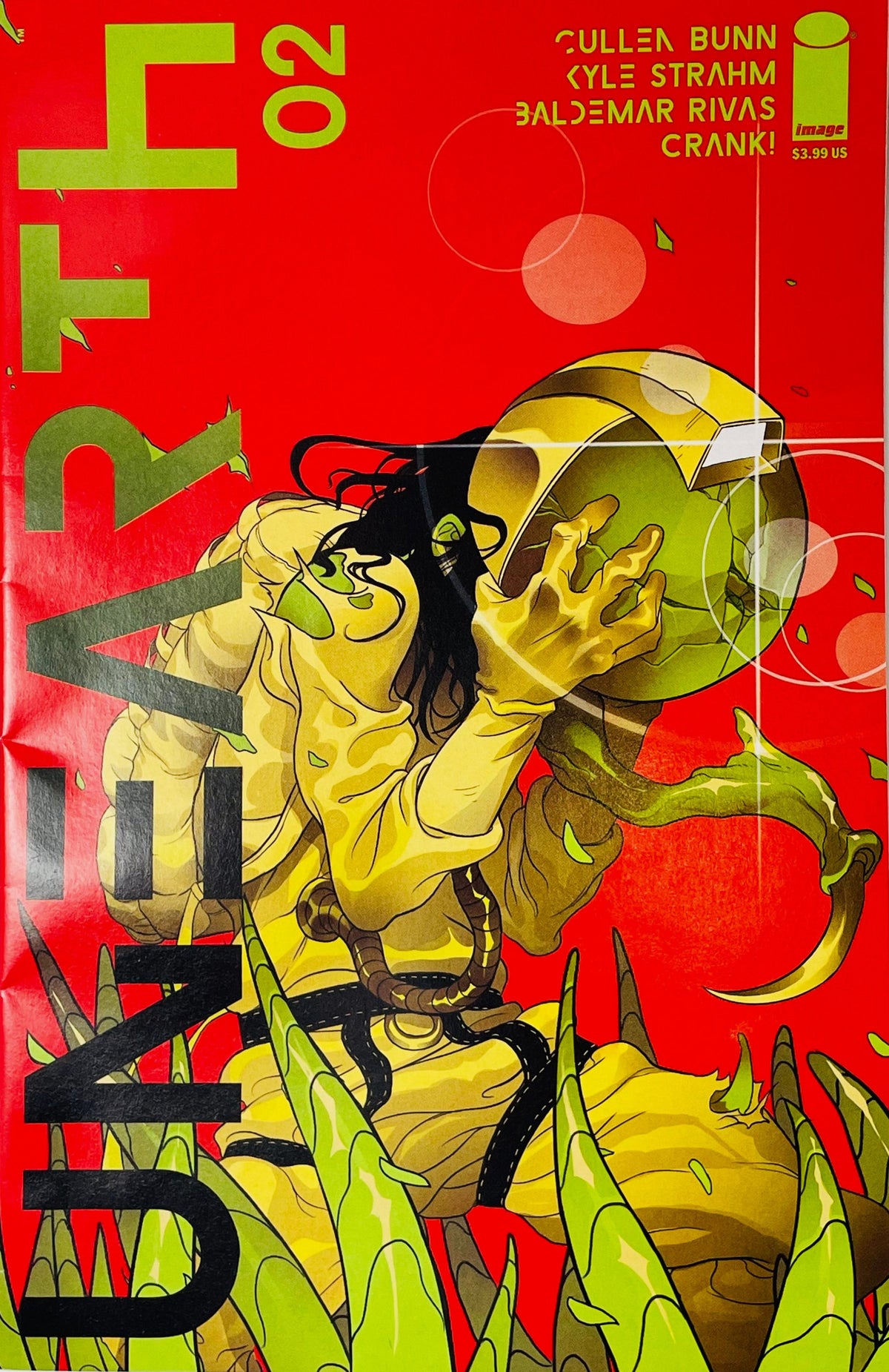Unearth issue 2 cover by Baldemar Rivas featuring a scientist in a yellow hazmat suit clutching a shattered glass helmet against a bright red background.