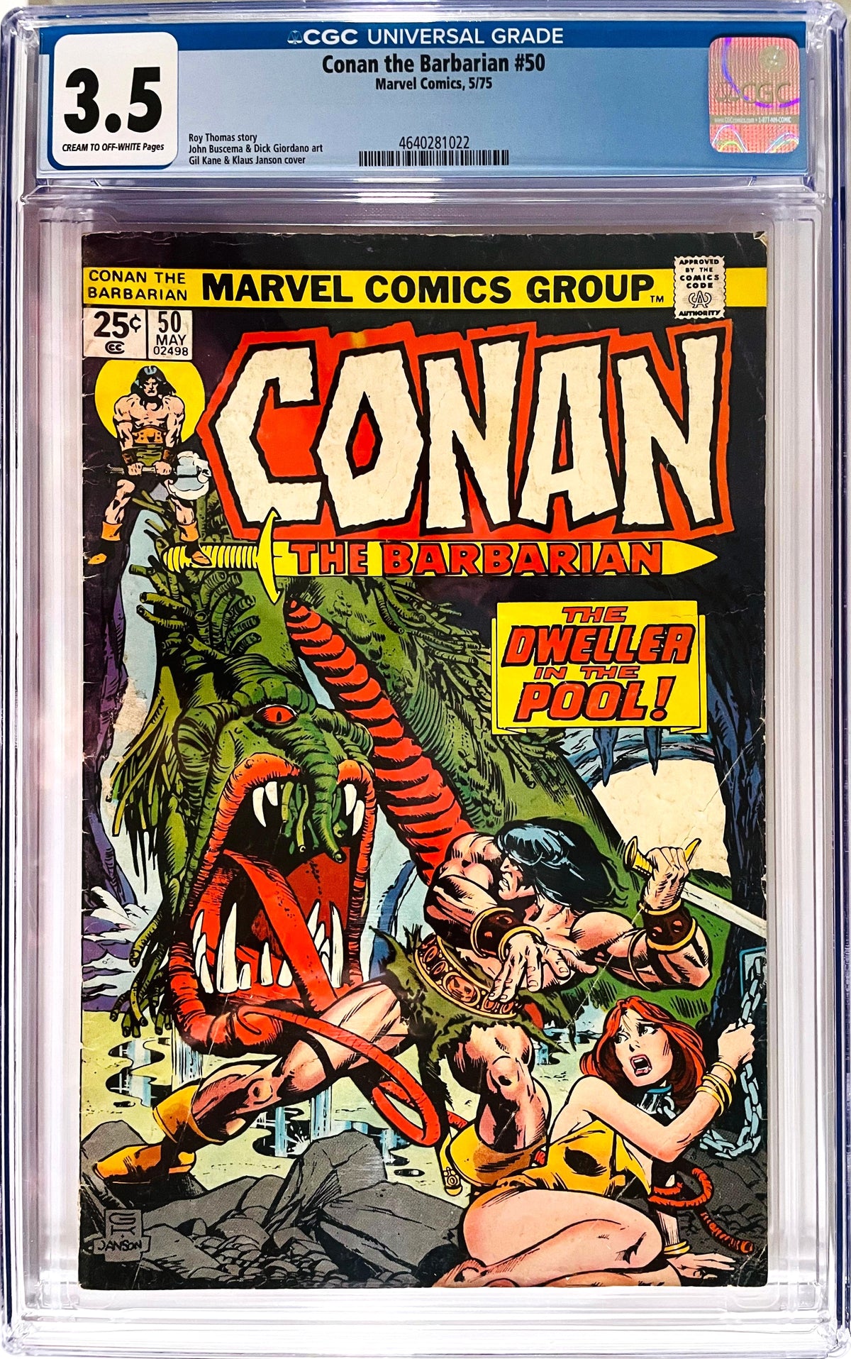 Conan the Barbarian #50 May 1975 Marvel Comics CGC 3.5 slabbed comic featuring Conan battling a giant creature