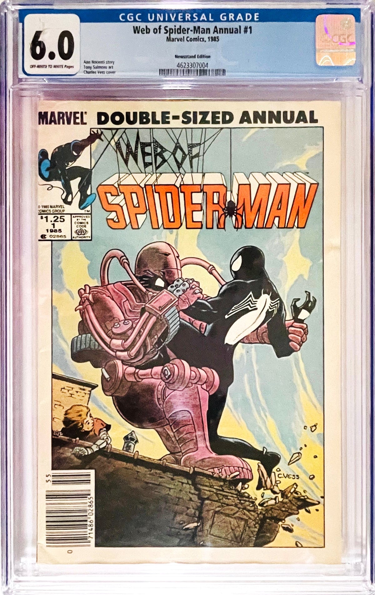Web of Spider-Man Annual #1 September 1985 Marvel Comics CGC 6.0 slabbed comic featuring Spider-Man in his black costume with Charles Vess cover art