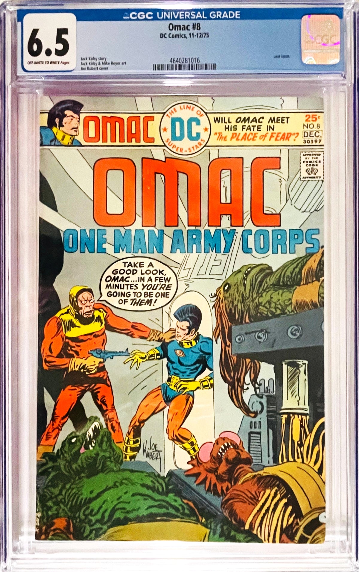 OMAC #8 November December 1975 DC Comics CGC 6.5 slabbed comic featuring OMAC with Joe Kubert cover art
