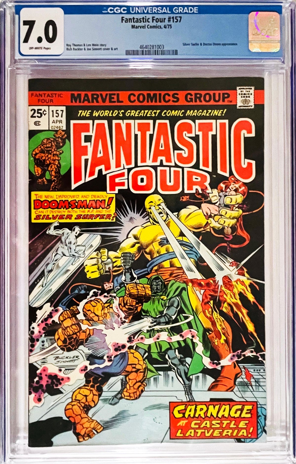 Fantastic Four issue 157 CGC 7.0 graded comic slab featuring cover art by Rich Buckler of the Silver Surfer, Doctor Doom, and the Thing fighting Doomsman.