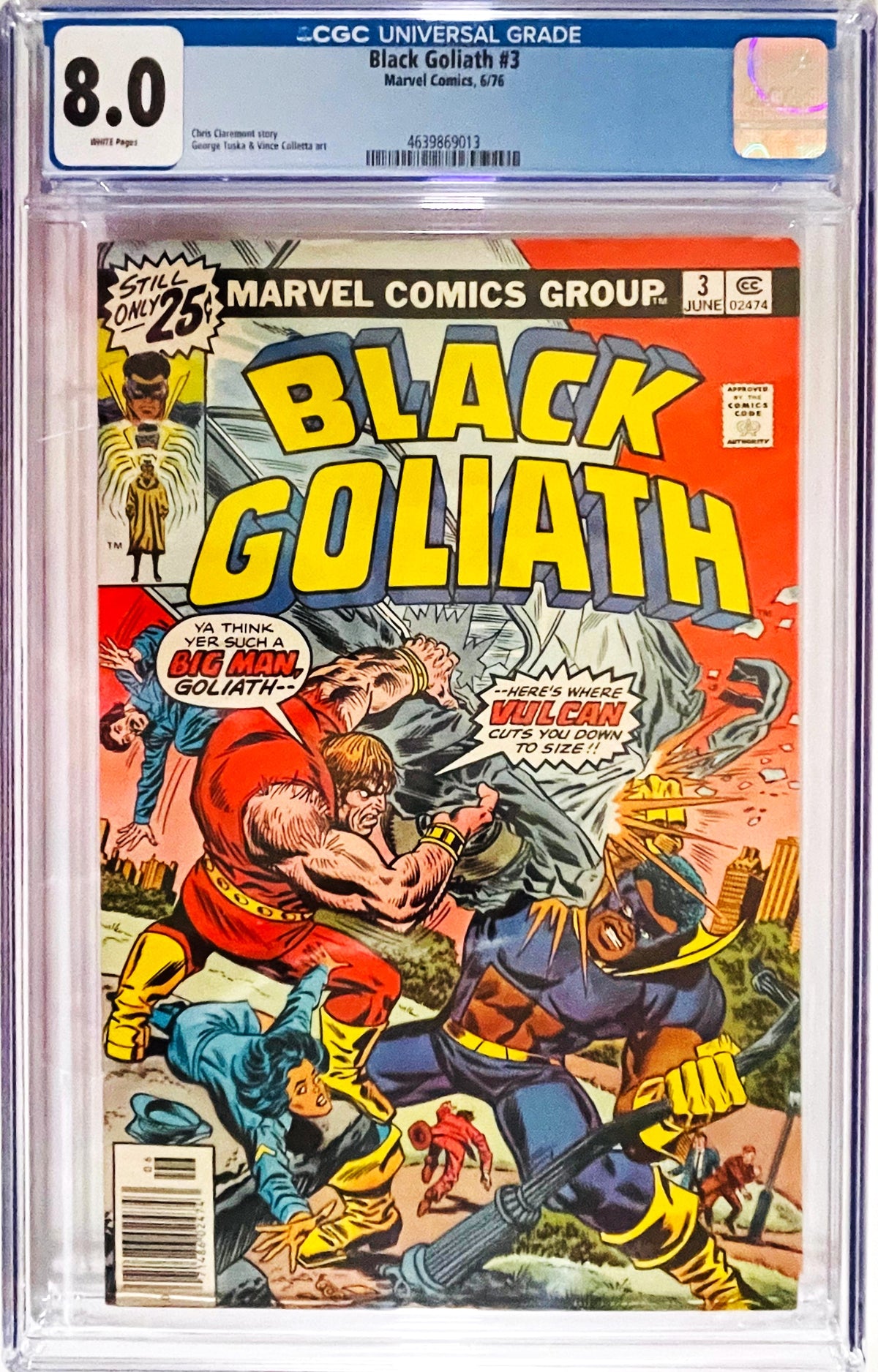 Black Goliath issue 3 CGC 8.0 graded comic slab featuring cover art by George Tuska of Black Goliath battling Vulcan.